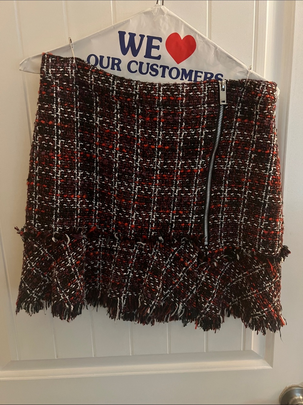 Naked Zebra Black and Red Tweed Fringed Mini Skirt